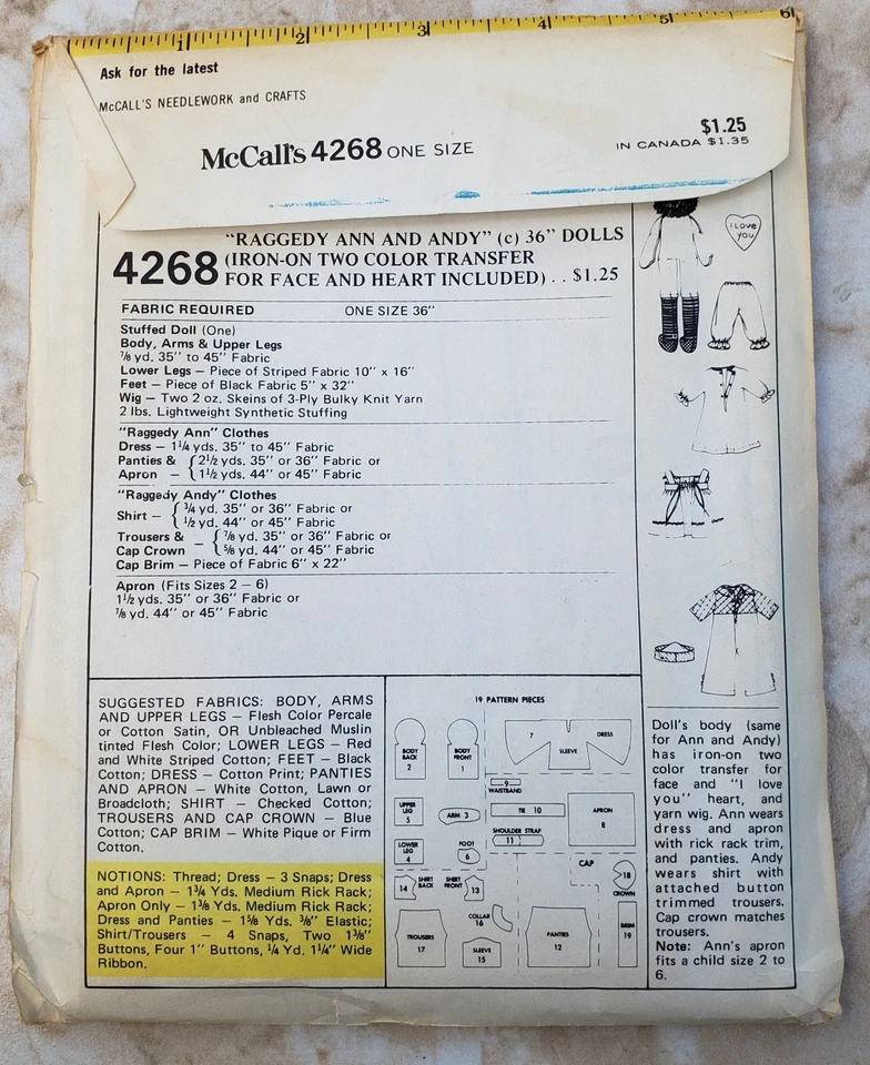 Vintage McCall’s Sewing Pattern 4268 Raggedy Ann and Andy - 1974 - Image 2 of 3