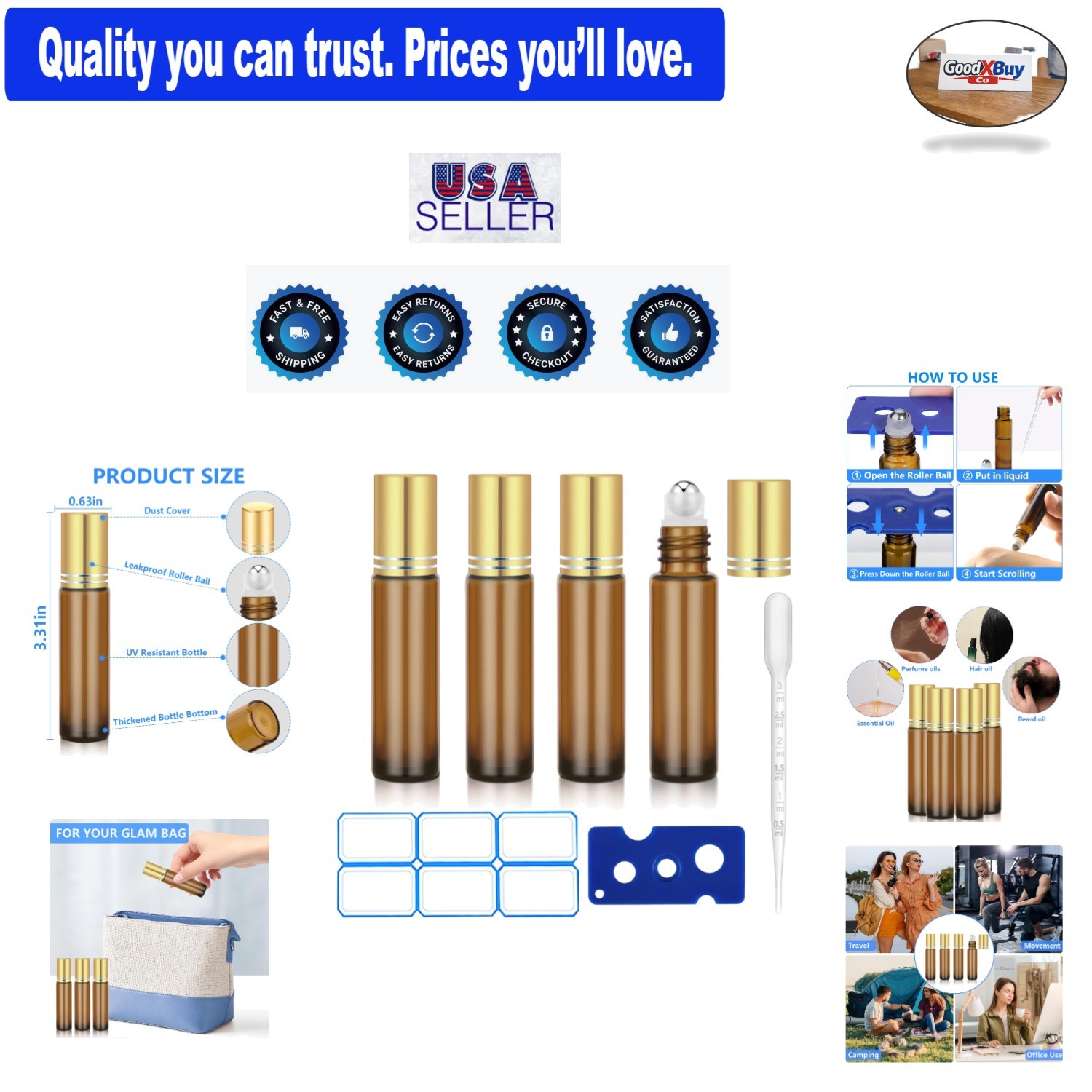 Roller Bottles 10ml Amber Refillable Leak-proof