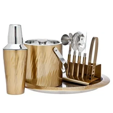 Godinger Bar Set 9-Piece Gold Color Stainless Steel Cocktail Bucket Shaker Tray