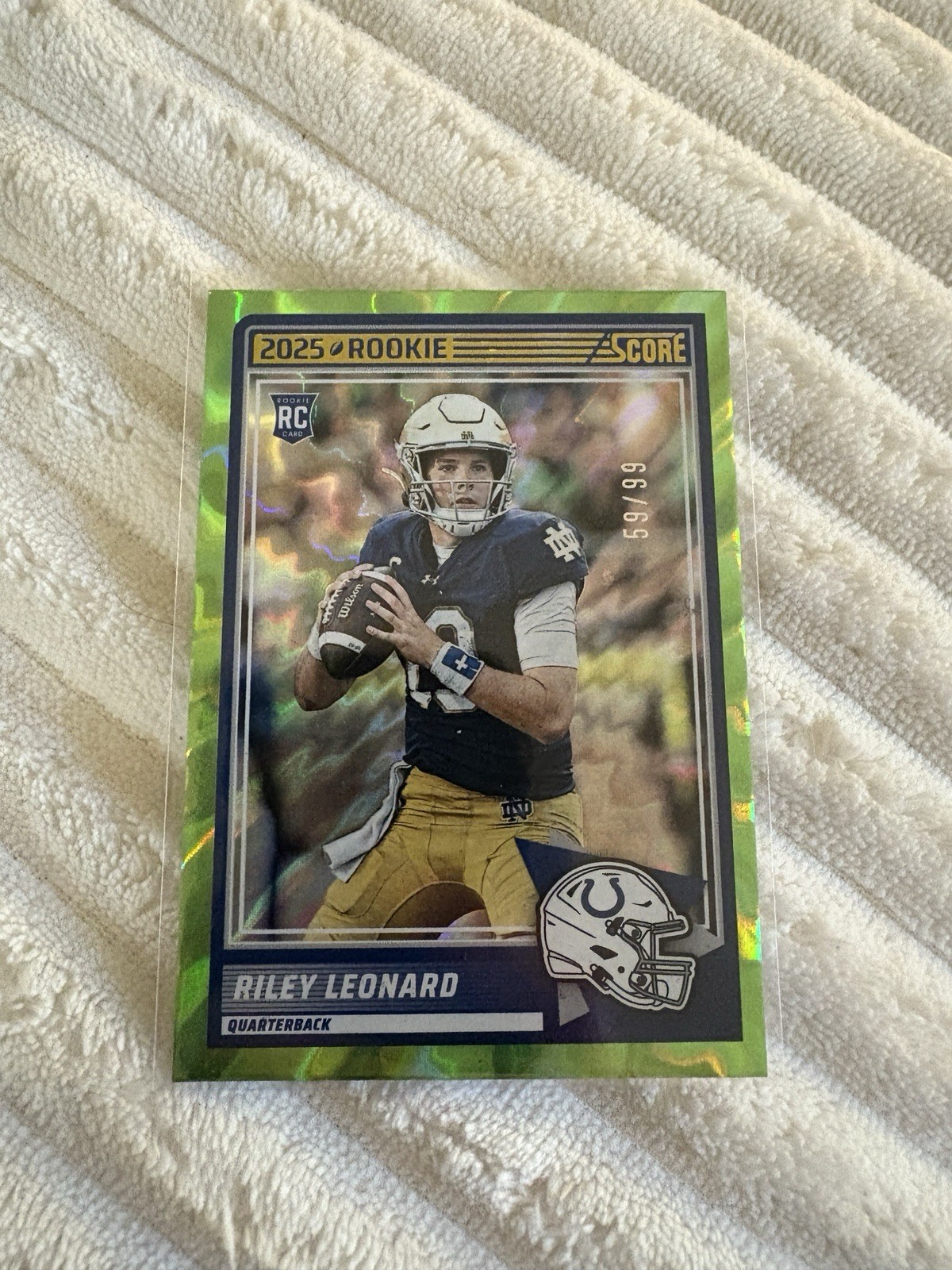 2025 Score Football Riley Leonard Electric Green /99 Rookie Card #9 Colts