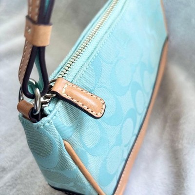 Coach 6094 Signature Demi Pouch Baguette Light Blue Tan Leather
