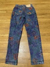 Vtg Bongo Jeans Size 7 High Waisted Black Floral Painted Denim (25x25) USA Made
