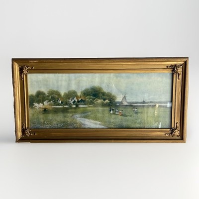 Antique 19th Century Watercolor Lithograph Landscape Ornate Gold Gilt Wood Frame