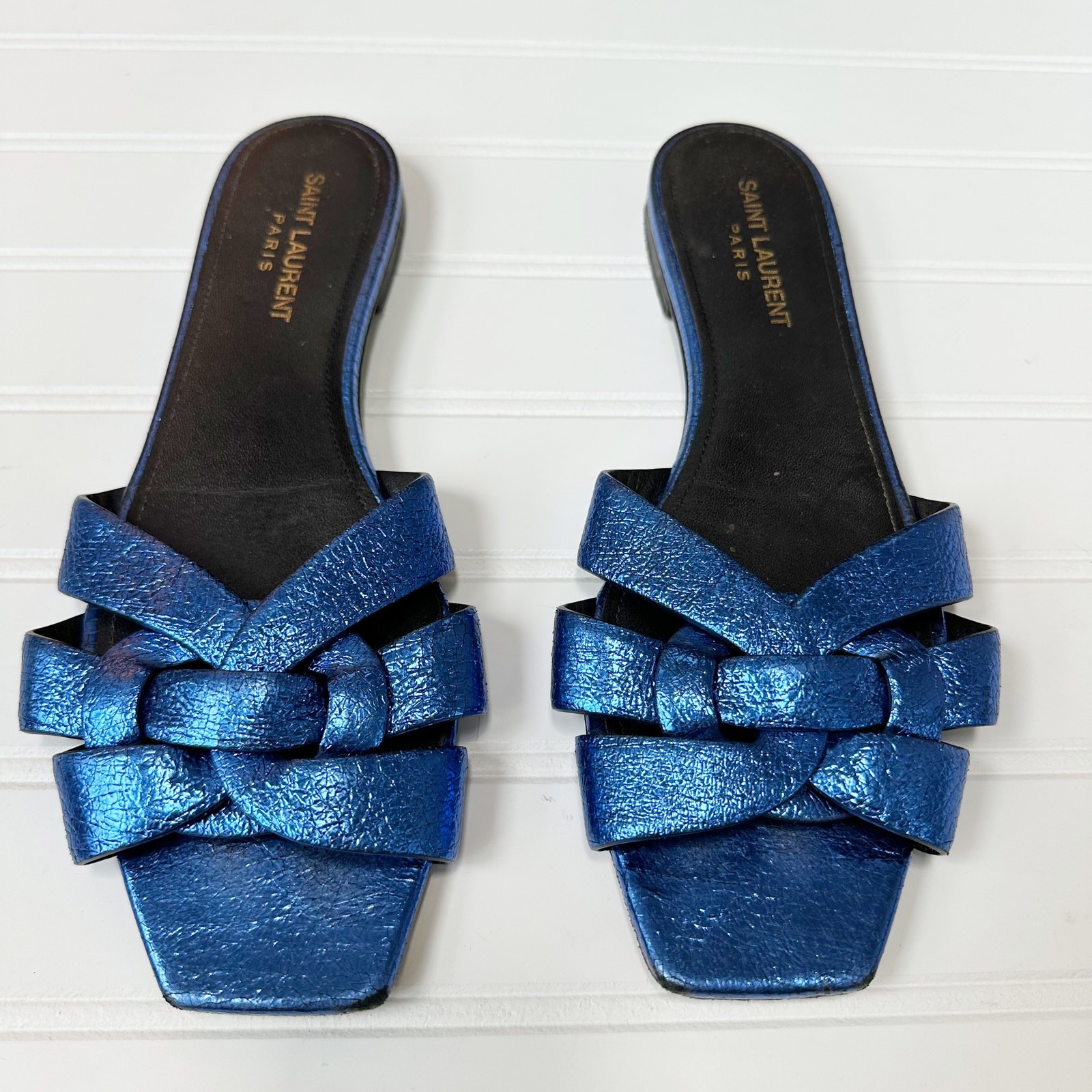 Saint Laurent Sandalo Omaggio Piatto Blu Metallizzato Slides Nu Pieds Pelle 38 5