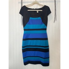 Sangria Blue & Black Stripe Mini Bodycon Dress Cap Sleeve Career Office Size 8