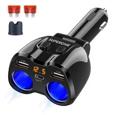 2 Socket Cigarette Lighter Splitter 12/24V 80W Dual USB Type-C Adapter Indepe...