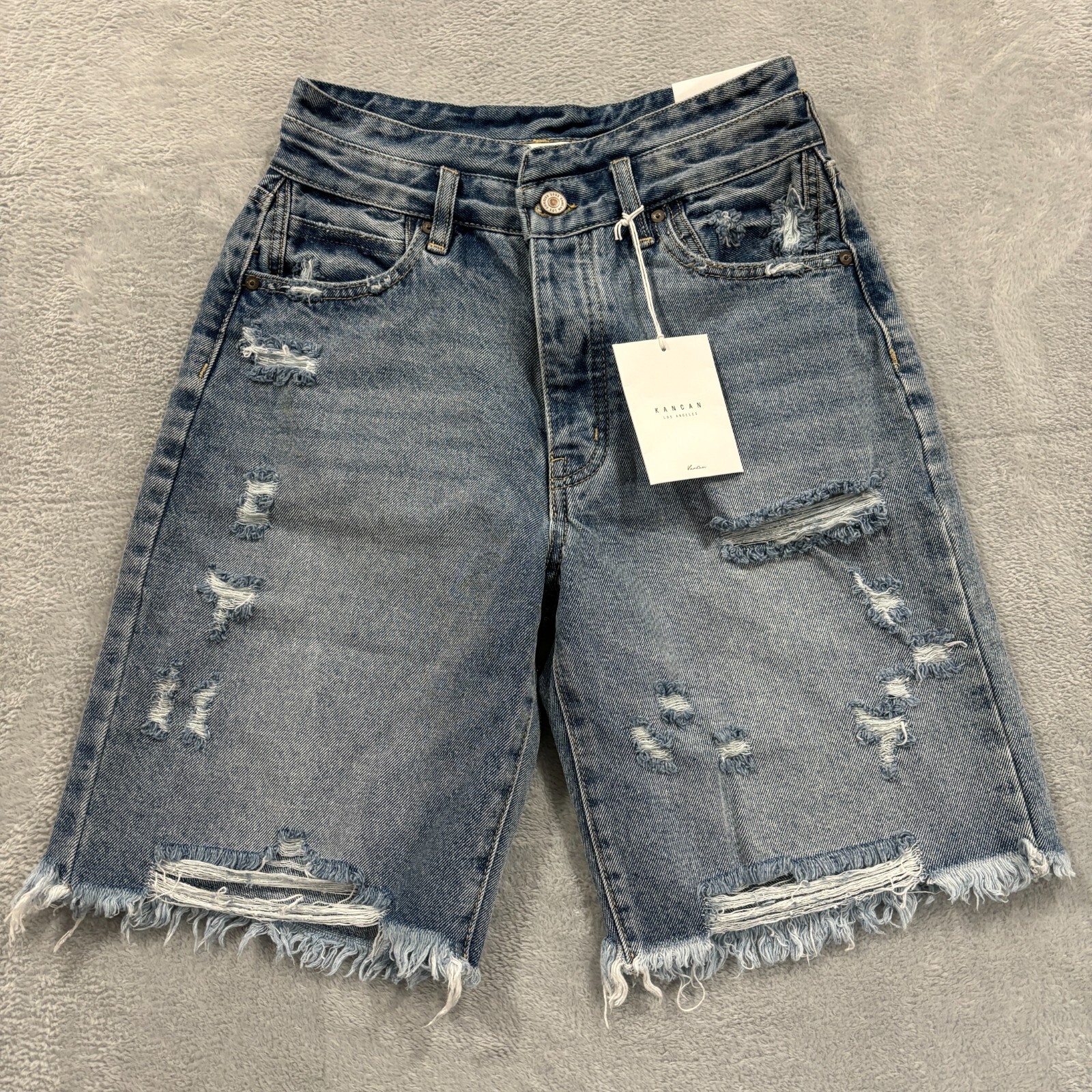 Kancan Shorts Womens 3/25 "Truly High Rise 90's Bermuda Shorts" Distressed Blue