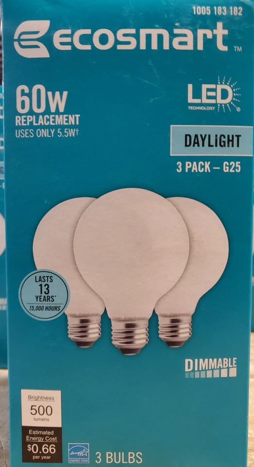 Lot(6) 3-Pk EcoSmart 60-Watt Equivalent G25 Globe Dimmable ENERGY STAR Frosted - Image 3 of 4