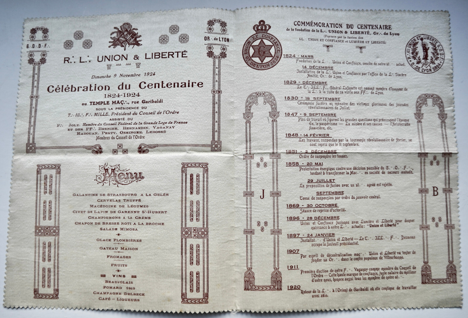 MENU COMMERATION CENTENAIRE LOGE UNION ET LIBERTE 1924, TEMPLE MAÃ‡ONNIQUE LYON