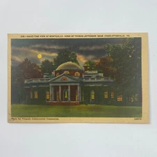Monticello Night View Thomas Jefferson Charlottesville VA Linen Postcard