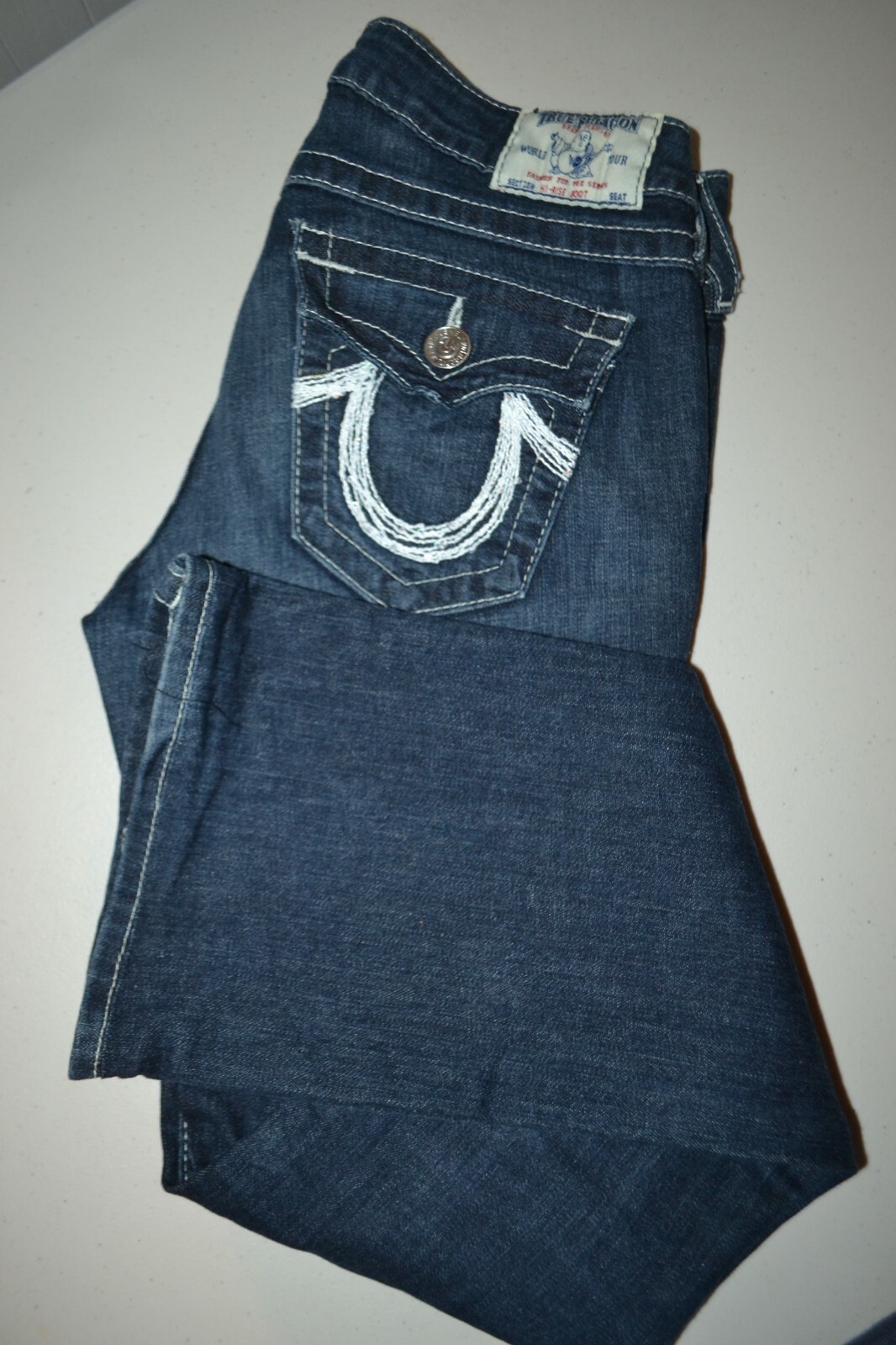 True Religion Women's Hi-Rise Bootcut Thick Stitch Blue Jeans Sz 28x31