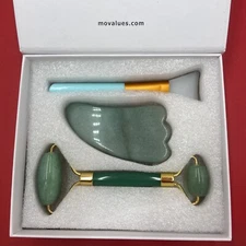 MoValues The Original Jade Roller 3pc Set For Deep Tissue Massage New
