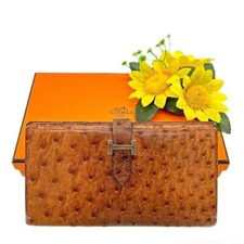 Hermes Bearn Ostrich Long Wallet Bi-fold Brown Silver Autumn Halloween YK217
