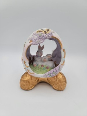 Footed Silhouette Cutout Ceramic Bunnys On Easter Egg, Figurine