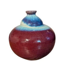 Studio Pottery Weed Pot Flame Glaze Red And Light Blue Gloss Signed