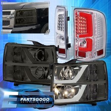 For 07-13 Chevy Silverado Smoked LED DRL Tube Headlights + Clear LED Tail Lamps