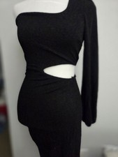 Windsor Black One Shoulder Cut Out Knit Bodycon Midi Dress Long Sleeve Size S
