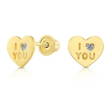 10K Real Solid Yellow Gold Heart I Love You CZ Sleeper Studs Earrings Screw-back
