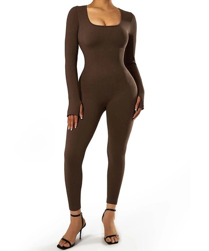 MOOSLOVER Solid Color Ribbed Long Sleeve Seamless Jumpsuit UK - Picture 14 of 25