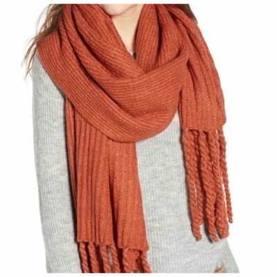 Free People Jaden Chunky Ribbed Fringe Blanket Scarf in Rust