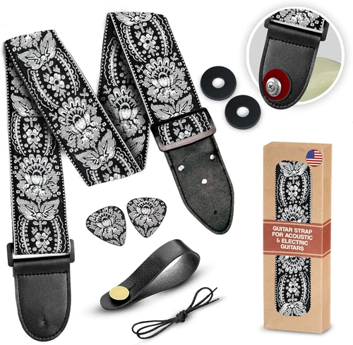 Guitar Strap Royal Black Silver Woven for Bass, Electric & Acoustic - Includes S