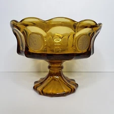 Vintage Fostoria Glass Coin Dot Pattern Compote Footed Bowl Amber Fruit  8.5"