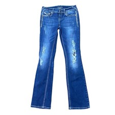 Maurices Womans Jeans Size 1/2 Blue Stretch Distressed Straight