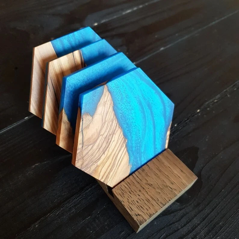 Fancy Blue Resin & Wood Coasters, Handmade, Epoxidharz Untersetzer, Coaster