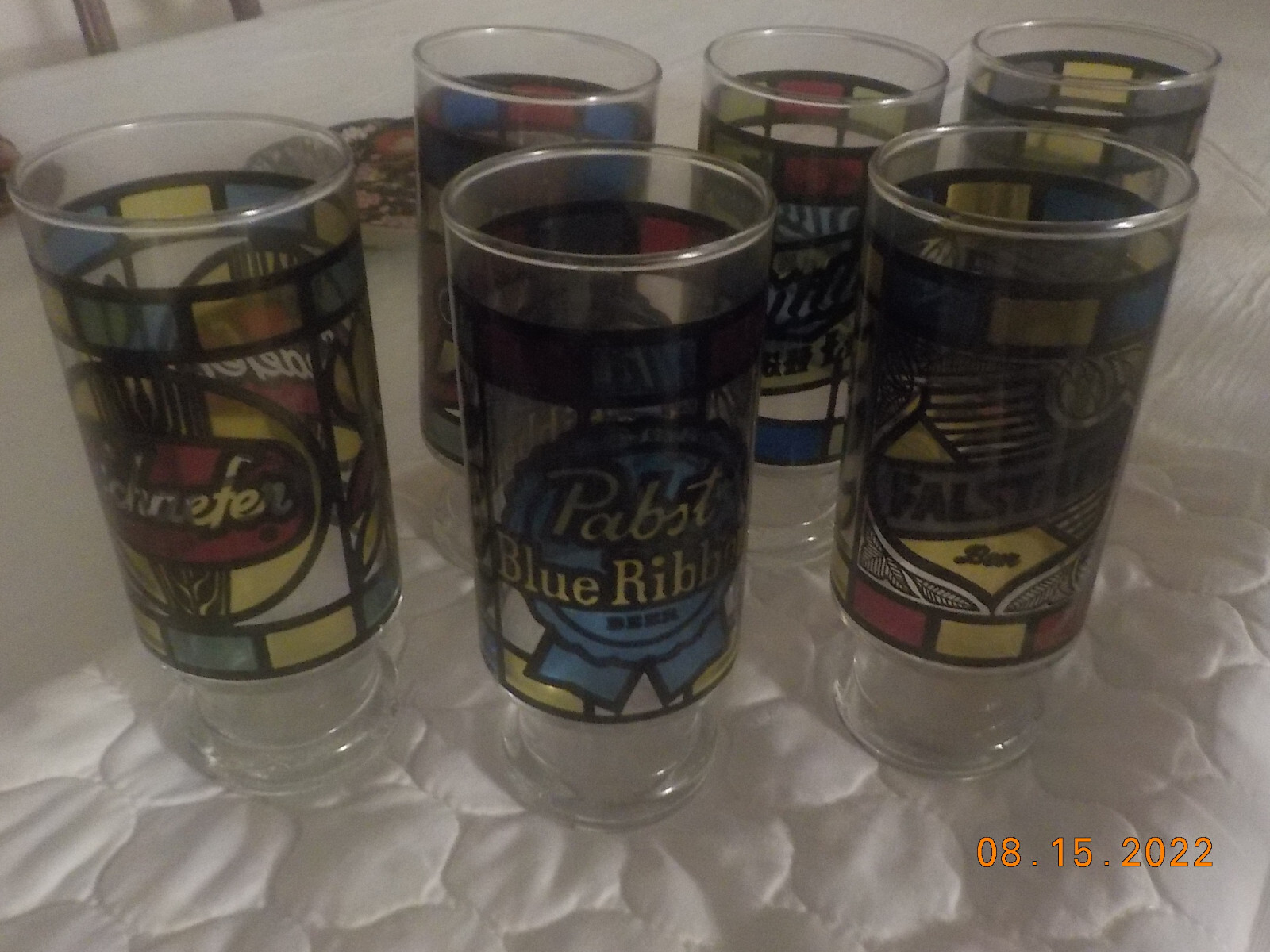 6 Stained Glass Beer Glasses Pabst Miller Schaefer Schlitz Falstaff