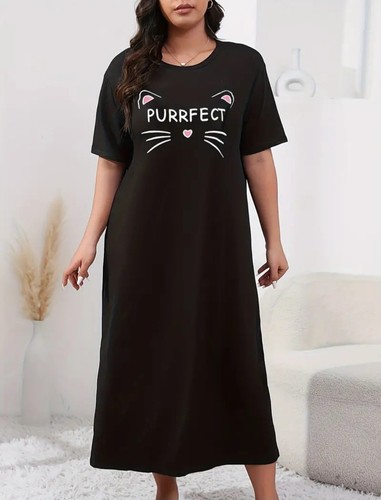 New Plus Size Women's Casual Nightdress Black Short Sleeve Round Neck - Picture 5 of 6