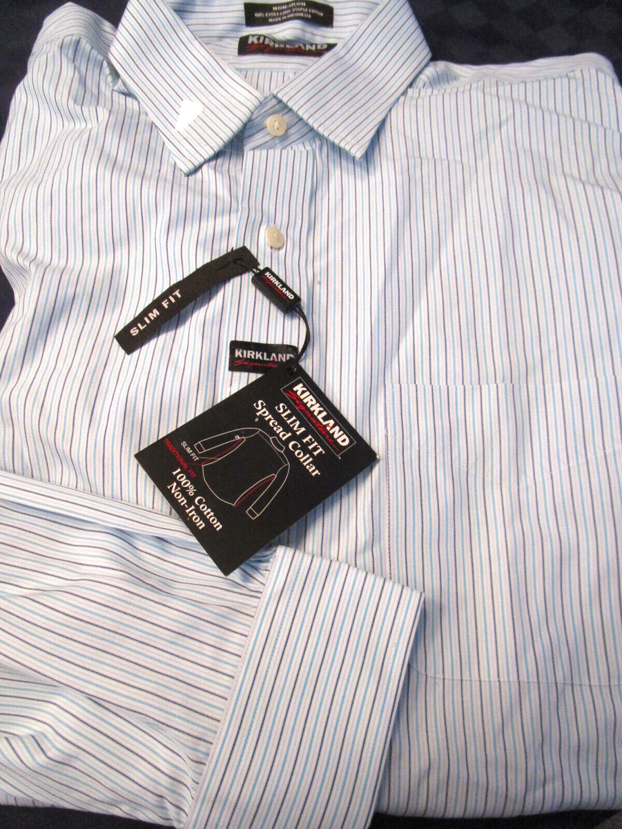NWT KIRKLAND SPREAD COLLAR NO-IRON 80/2 PLY SLIM DRESS SHIRT AQUA STRIPE  17.5 33