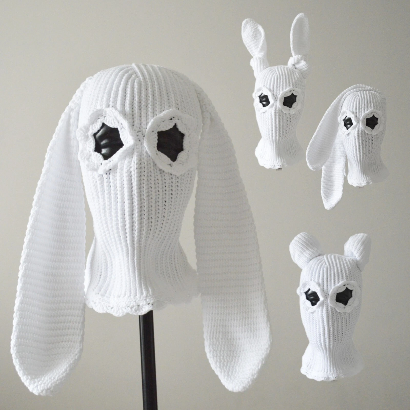Custom white bunny crochet balaclava Knit cute hat two holes ski mask with ears