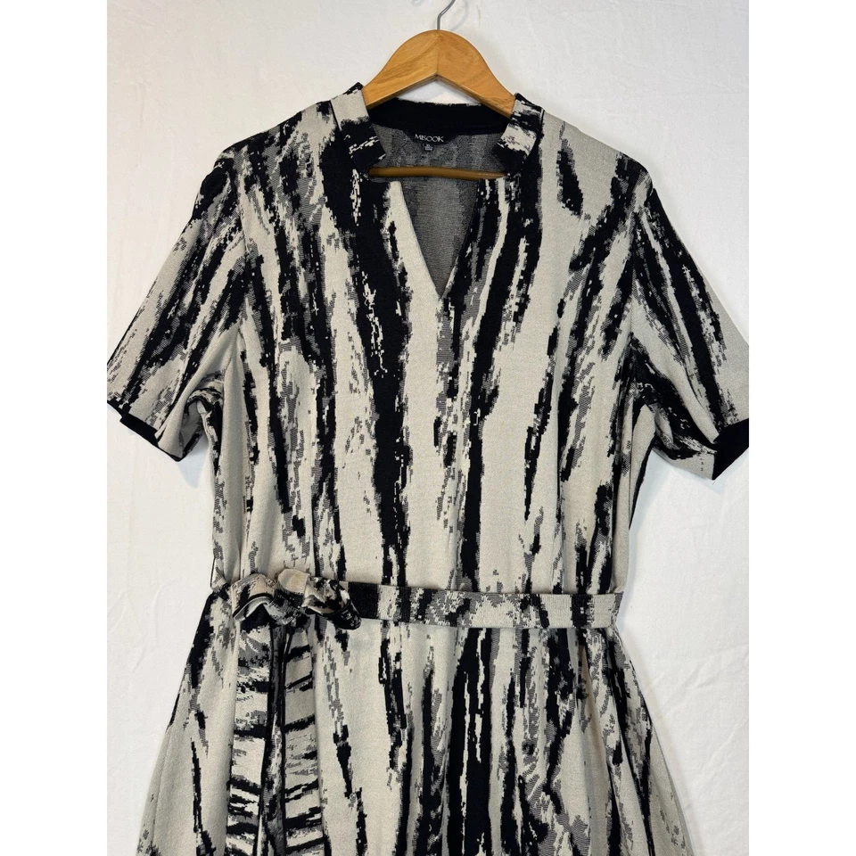Vestido MISOOK Negro Gris Estampado Abstracto Cinturón Manga Corta XL Foto 3 de 4