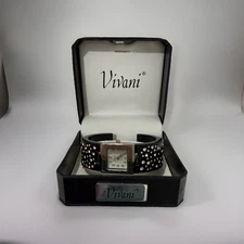 Vivani Women’s Watch Black Cuff Style Crystals Square Face Quartz New in Box