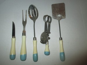 5 Antique A&J Mother's Little Helper Kitchen Utensil Set 1923 Children's Toys