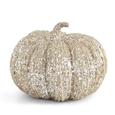 K & K Interiors - 8 Inch Champagne Glitter & Sequin Pumpkin - 40610C