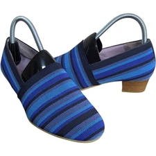 SAS Brenda Low Block Heel Slip On Pumps 7 Wide 7WW Blue Striped Fabric Italy