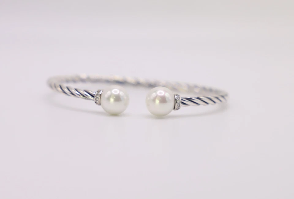 David Yurman Sterling Silver 3.5mm Solari Bracelet 9mm Pearl & Diamonds size M - Image 4 of 4