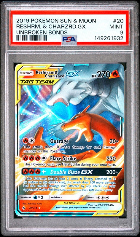 RESHIRAM & CHARIZARD GX 20/214 PSA 9 UNBROKEN BONDS POKEMON