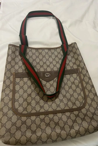 Borsa grande Gucci linea Sherry marrone con cinghie verde rosso