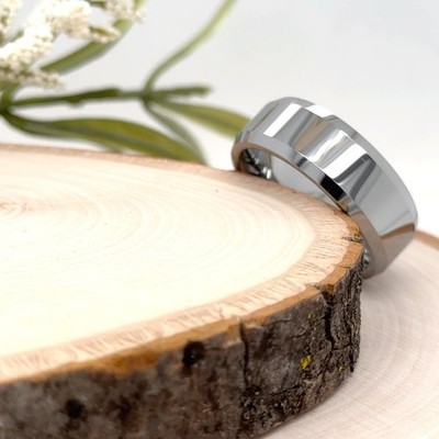 8mm Silver Tungsten Christmas Gift Men Band High Polished Beveled Edges Ring