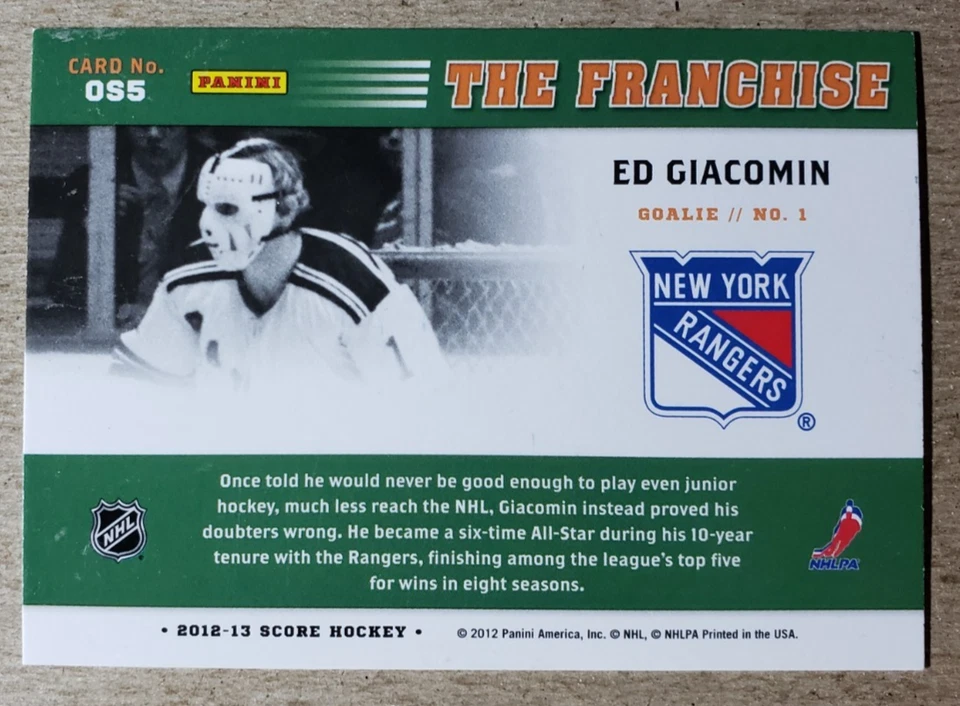 Ed Giacomin Signed 2012-13 Score Autograph Hockey Card New York Rangers Auto - Image 2 of 2