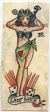 vintage shop print 1970s bert grimm pike lady luck pinup tattoo flash cut 3x7