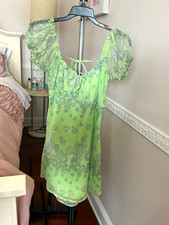 Urban Outfitters Green Paisley Mini Dress Square Neck Puff Sleeve Chiffon XS