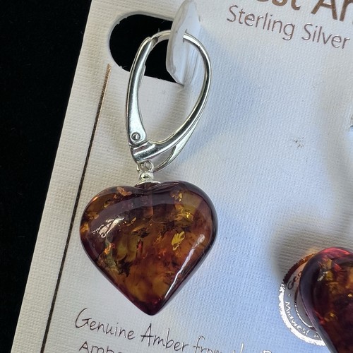 Heart Shape Baltic Amber Dangle Earrings Cognac Color Sterling Silver 925 - Picture 2 of 3