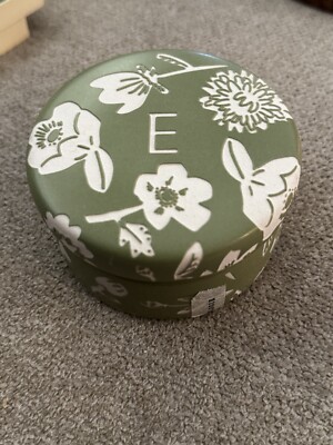 Anthropologie Floral Monogram ''E'' Trinket Box Dish Sage Green