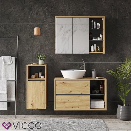 Set di mobili da bagno specchio armadietti bagno Viola quercia antracite Vicco - Foto 4 di 8
