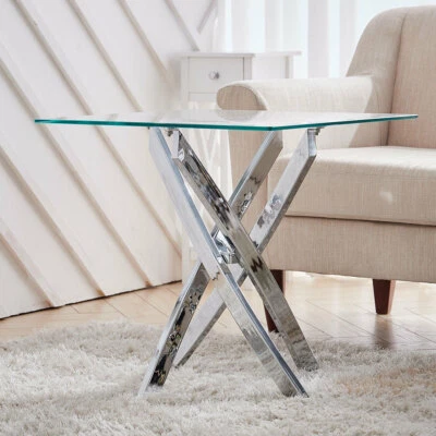 MODERNER-ONLINE-SHOP Clear Tempered Glass Sofa Side Table Chrome Legs End Coffee Table Lamp Stand