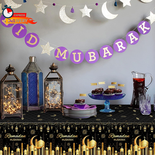 3 Pack Ramadan Plastic Tablecloth Decorations for Home, Eid Mubarak Ramadan Disp - Picture 6 of 12