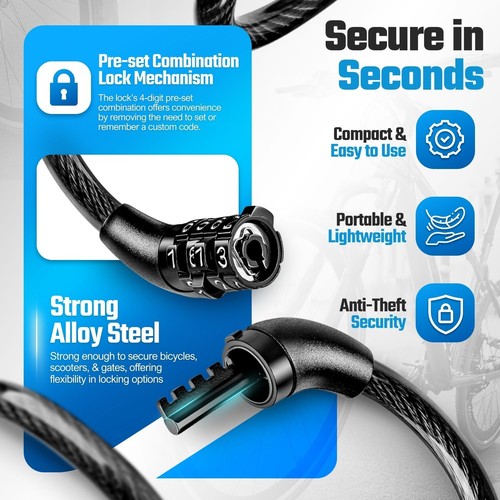 Cable de seguridad para bicicleta bicicleta ciclismo cerradura de combinación de 4 dígitos 1200 x 8 mm - Imagen 2 de 8